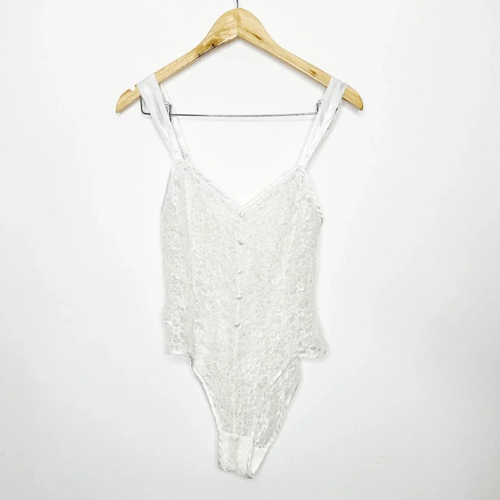 VTG 80s Gold Label VICTORIA'S SECRET WHITE LACE Teddy Semi Sheer high cut SMALL - Picture 2 of 7